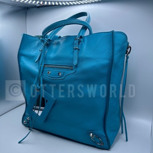 Balenciaga Supple Calfskin Papier A5 Zip Around Tote Bleu Caraibes
