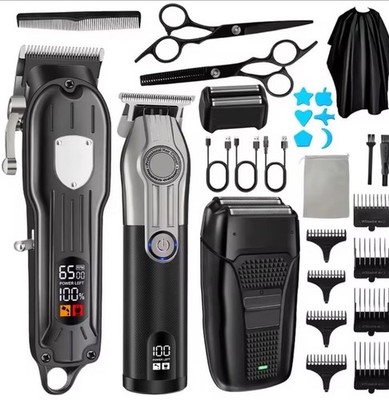 Professional Cordless Hair Clipper Set T-Blade Trimmer Shaver LED Barber Kit