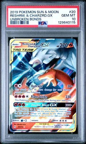 2019 POKEMON SUN & MOON UNBROKEN BONDS #20 RESHIRAM & CHARIZARD GX PSA 10