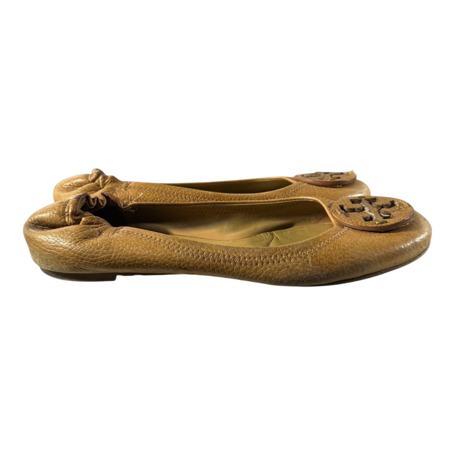 Tory Burch Reva Ballet Flats Brown 8 M Camel Leather Logo Medallion Elastic Back thumbnail 9