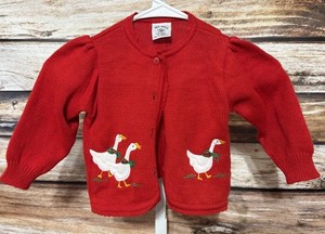 Vintage Toddler Girls Red Sweater Geese 24M Acrylic Cottage Core Embroidered