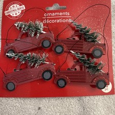   Red Vintage Truck Christmas Ornaments w/ Tree   4 Pack Farmhouse Holiday Decor