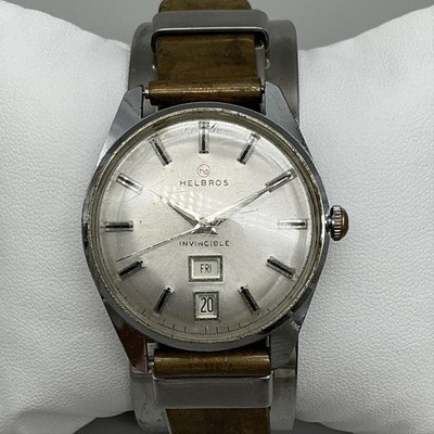Vintage Helbros Invincible Mens Watch 35mm Silver Dial Day Date Cuff Manual Wind