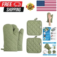 Durable 4-Piece Kitchen Oven Mitts and Pot Holders Set - 12 Inch Green Cotton