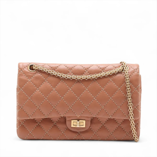 Chanel Matelasse 2.55 Large Leather Double Flap Double Chain Bag Beige Gold Meta
