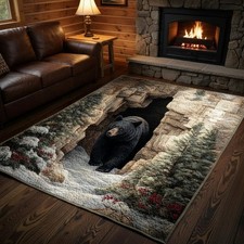 Bear Cave 3D Area Rug Realistic Bear Cabin Lodge Rustic Wildlife Decor Gift Mats