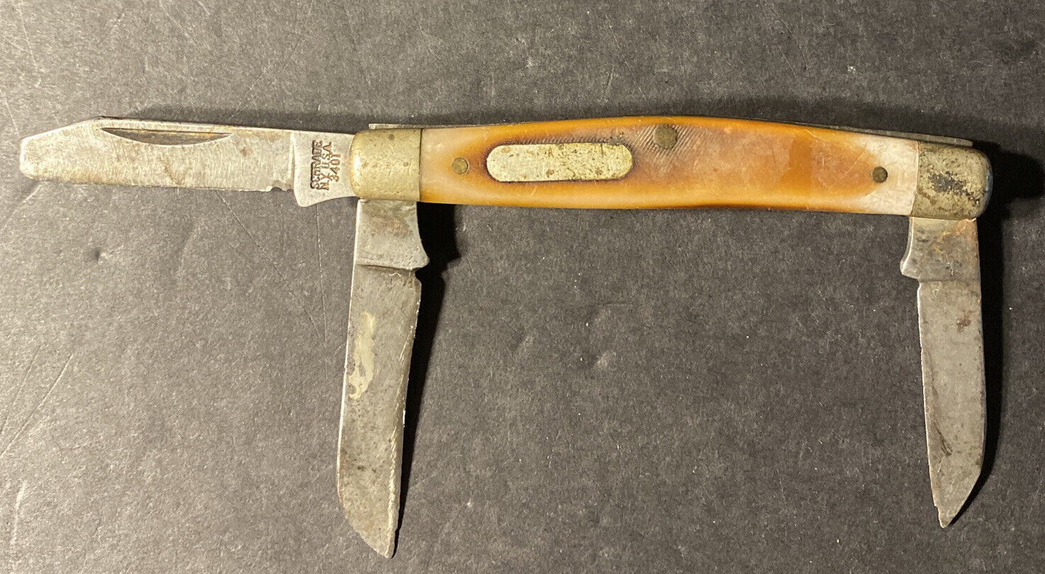 Schrade 3-piece Pocket Knife Old-Timer 3401 Smooth Bone-look Handle VINTAGE Used