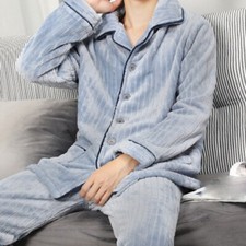 Men Thermal Flannel Pyjamas Set Button Top and Pants Sleepwear Loungewear Warm