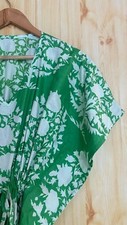 Indian Green Floral Print Cotton Kaftan Beach Kimono Dress Robe Caftan Maxi Gown