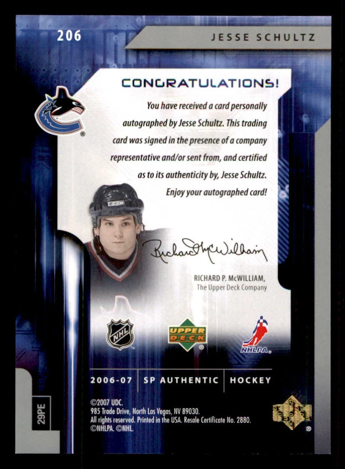 2006-07 SP Authentic #206 Jesse Schultz AU RC /999 (ref 240118) - Image 2 of 2