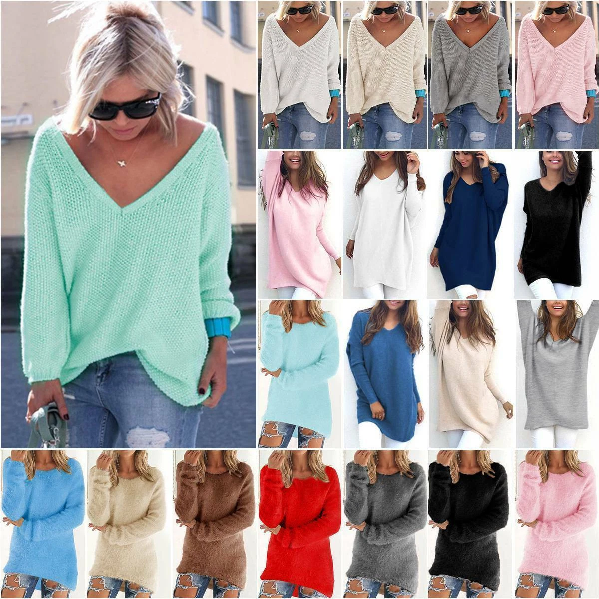 Women Solid V Neck Casual Long Sleeve Sweater Loose Baggy Jumpers
