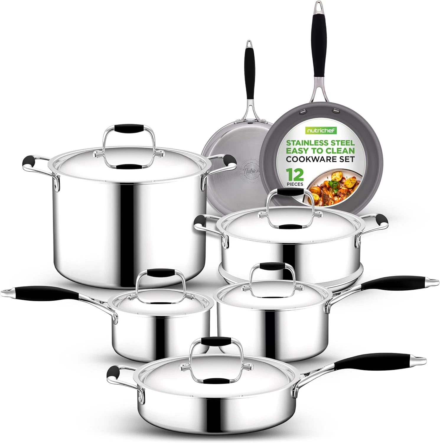 Stylish 12-Piece Stainless Steel Cookware Set with Non-Stick Coating