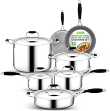 12-Piece Stainless Steel Kitchenware - Pots & Pans Set Clad Kitchen Cookware W/
