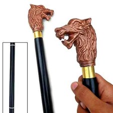 Handmade Walking Stick Wolf Head Copper Finish Handle Wooden Vintage ReplicaCane