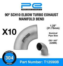 X10 1.25" Sch10 42mm 90 Degree 304 Stainless Steel Turbo Exhaust Manifold Bend