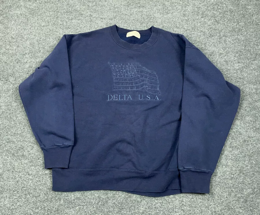 VTG 90s J. America Delta USA Blue Embroidered Sweatshirt Adult XL