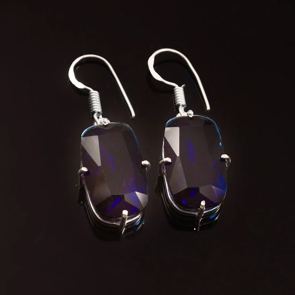 Blue Sapphire Quartz Cushion Gemstone Silver Plated Earrings Jewelry 1.25" - Image 2 of 3