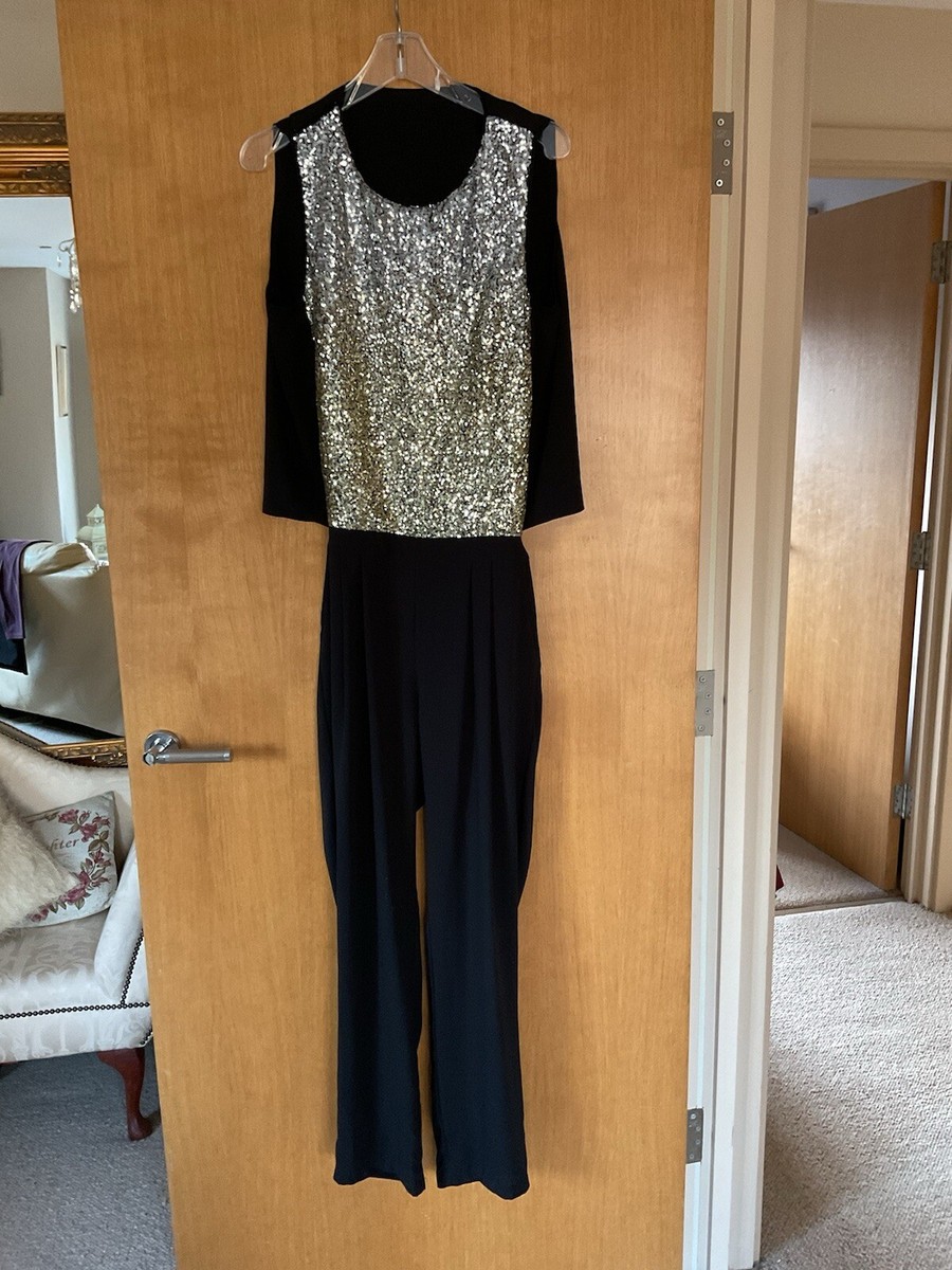 LUCY PARIS Silver Sequin Black Jumpsuit Size 12 Worn Once