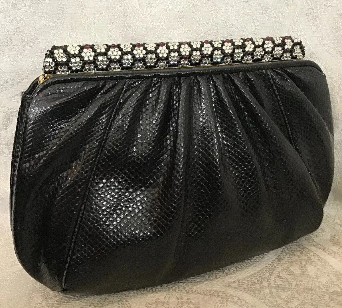 Judith Leiber Purse Black Lizard Floral Crystal Top Clutch eBay
