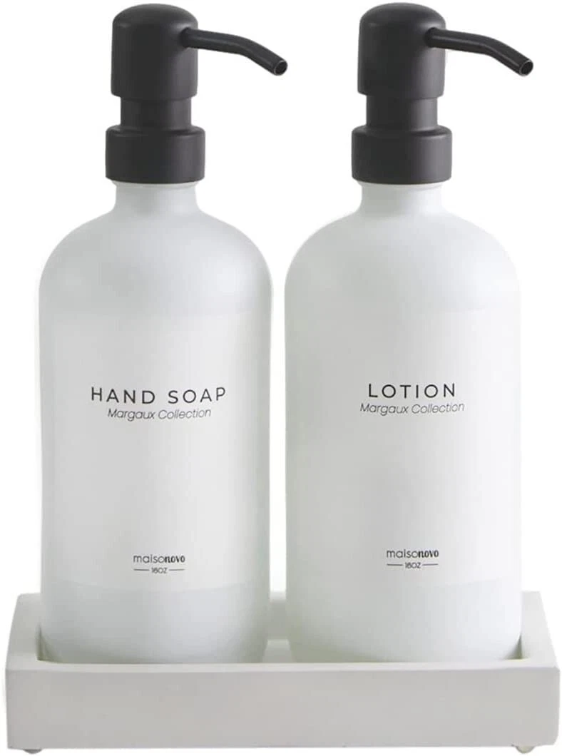 Glass Soap Dispenser with Pump Concrete Tray Bathroom Kitchen
