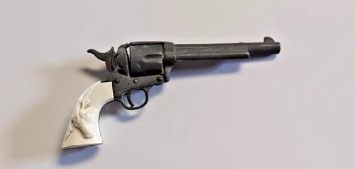 Vintage 1950s Miniature Toy Cap Gun Revolver w/ Embossed Steer Grip Western 3.5"