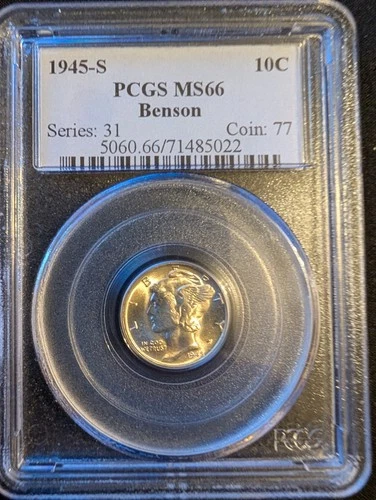 1945-S Mercury Dime, Graded, MS-66