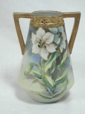 Nippon Double Handled Vase w/ Gold Gilt - 5 5/8" Tall with White Floral Design