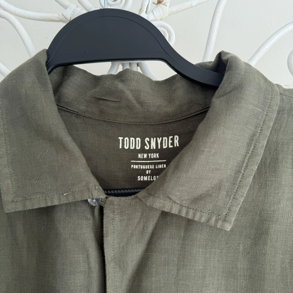 Todd Snyder Shirt Men Large Olive Portuguese Linen Camp Loop Collar Short Sleeve - Image 4 of 4