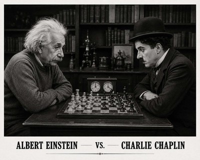 4343 Albert Einstein vs Charlie Chaplin Across The Board Chess 8x10 Print