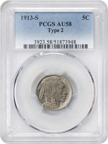 1913-S Type 2 Buffalo Nickel 5c PCGS AU58 FAST FREE SHIPPING