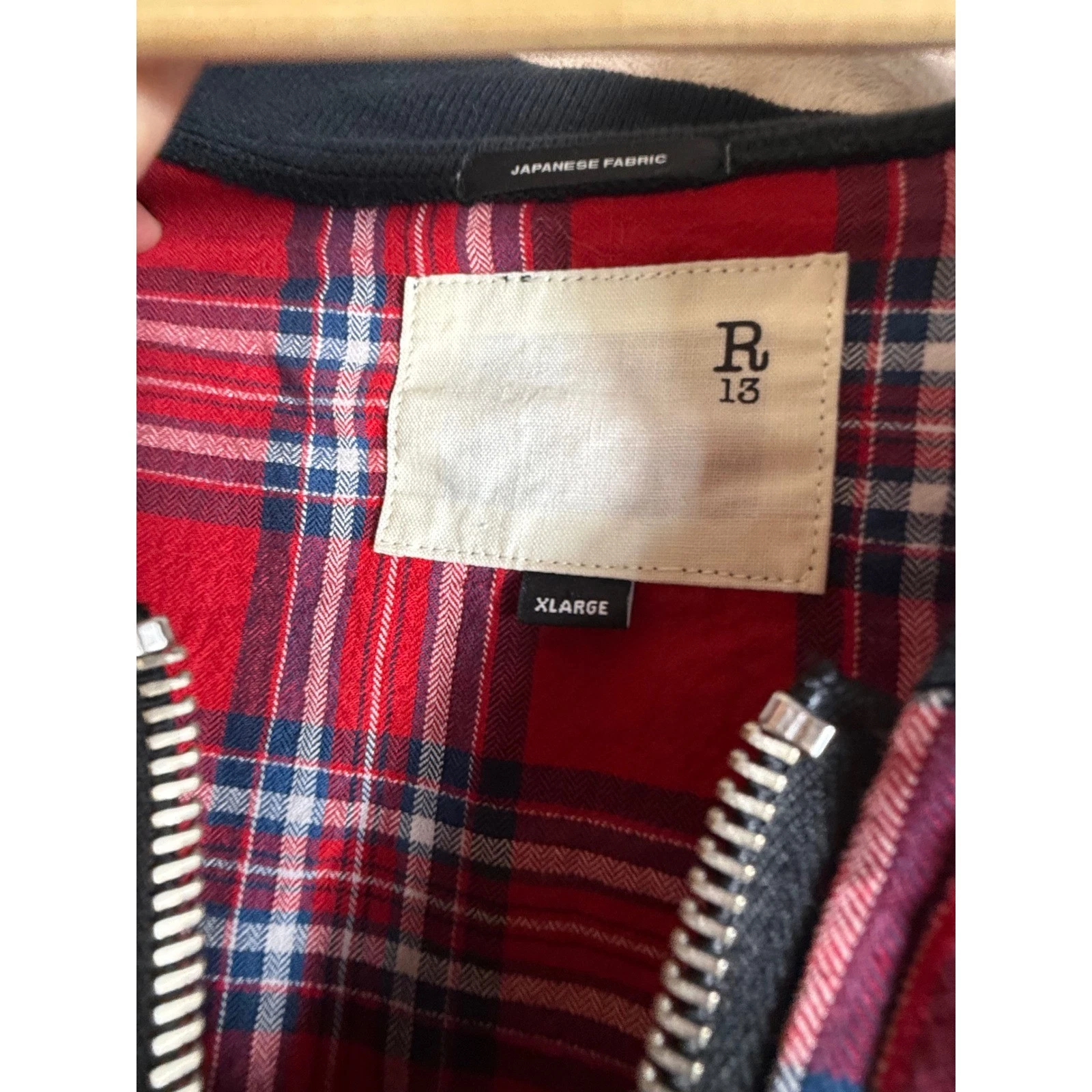 R13 Flight Shirt Mens XL Red Plaid Japanese Fabric Zip Up Bomber Jacket Longline - product detail image 2