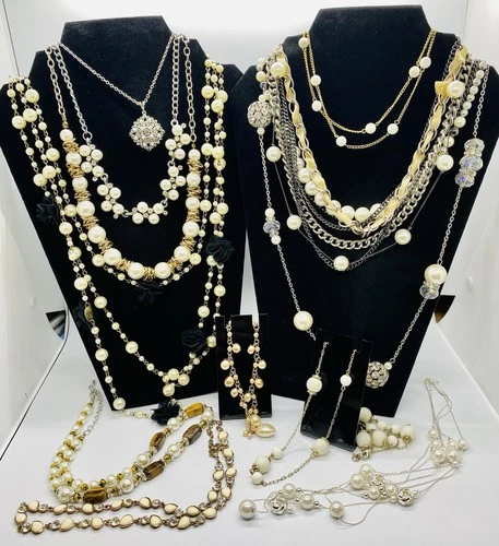 Costume Jewelry Lot, Rhinestones, Pearls. 12 Necklaces Vintage To Modern