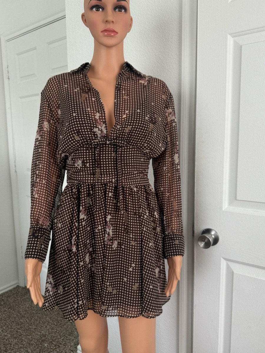 zara brown check dress Brown Recycled Spandex Shell Belt Long Sleeve Dress main image 1