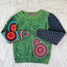 Desigual Girls Knit Sweater Size 7/8 Green Multicolor Cotton Blend Crew Neck