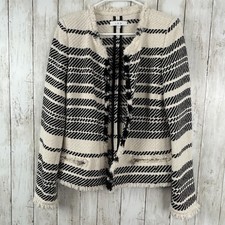 IRO Tweed Open Front Jacket Blazer EU 40 US 8 White Black Knit Woven Fringe Edge