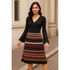 Nine West Black Multicolor Chevron Knit Sweater Dress Bell Sleeve V Neck Medium