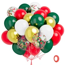 Red Green Gold White Balloons, 60 PCS Christmas Balloons, 12 Inch Latex Ballo...