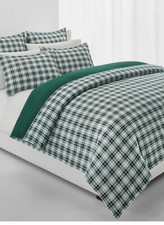 NIP Ralph Lauren Flannel Ulster Plaid Green White King Duvet Cover Shams Set