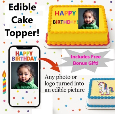 Custom Edible Cake Topper  1/4 Sheet Personalized Photo  Image Upload Your Own