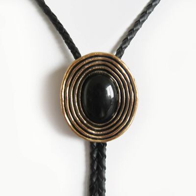 Bolo Tie Schwarzer Obsidian, Bolotie, Western- Krawatte, echt vergoldet