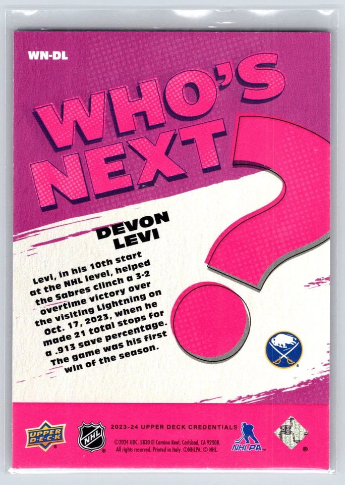 2023-24 UD Credentials Who's Next #WN-DL Devon Levi - Image 2 of 2