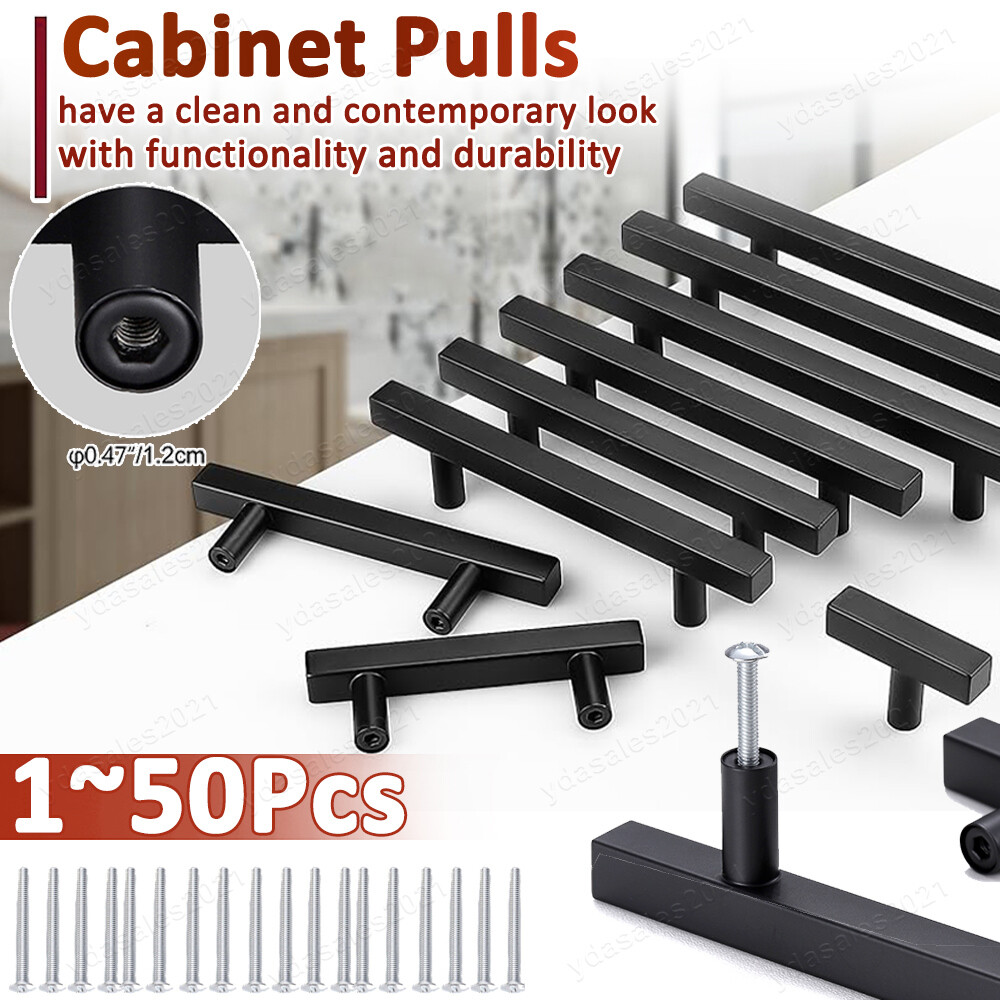 Square T-Bar Cabinet Handles Stainless Steel Kitchen Drawer Pulls Black Lot