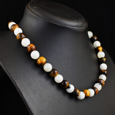 339 Cts Natural Moonstone & Tiger Eye Round Shape Beaded Necklace JK 02E384