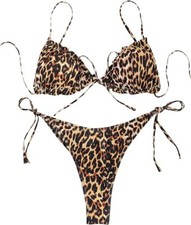 Women's Leopard 2 Piece Frill Trim Tie Side Bikini Swimsuit Multicolor Medium