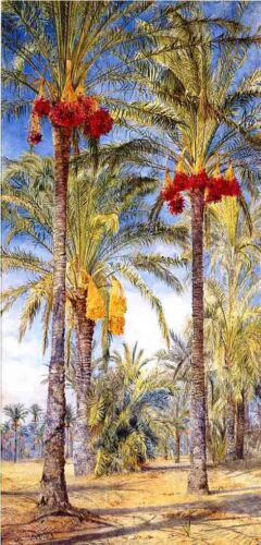 Oil painting landscape tree Date-Trees-Ramleh-Egypt-Henry-Roderick-Newman 48" - Afbeelding 1 van 1