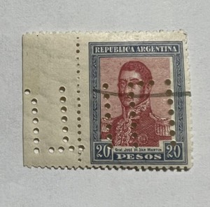 1917 ARGENTINA 20 PESOS STAMP #246 W/ TAB & VERY INTERESTING INUTILIZADO PERFIN