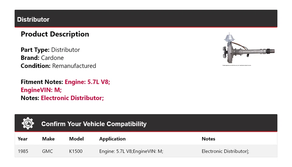 适用于 1985 年 GMC K1500 5.7L V8 分销商 Cardone — 第 2/4 张图片