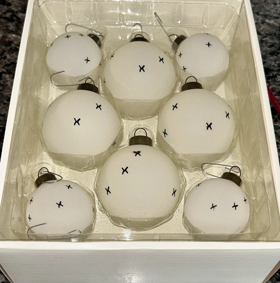 Hearth & Hand Magnolia Glass Christmas Ornaments (8) Off White Black X Stitch - Image 4 of 4