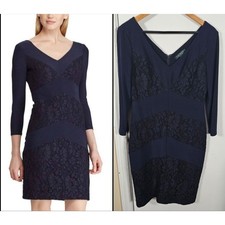 LAUREN Ralph Lauren Navy 3/4-Sleeve Lace Jersey Cocktail Dress Size 8 Classic