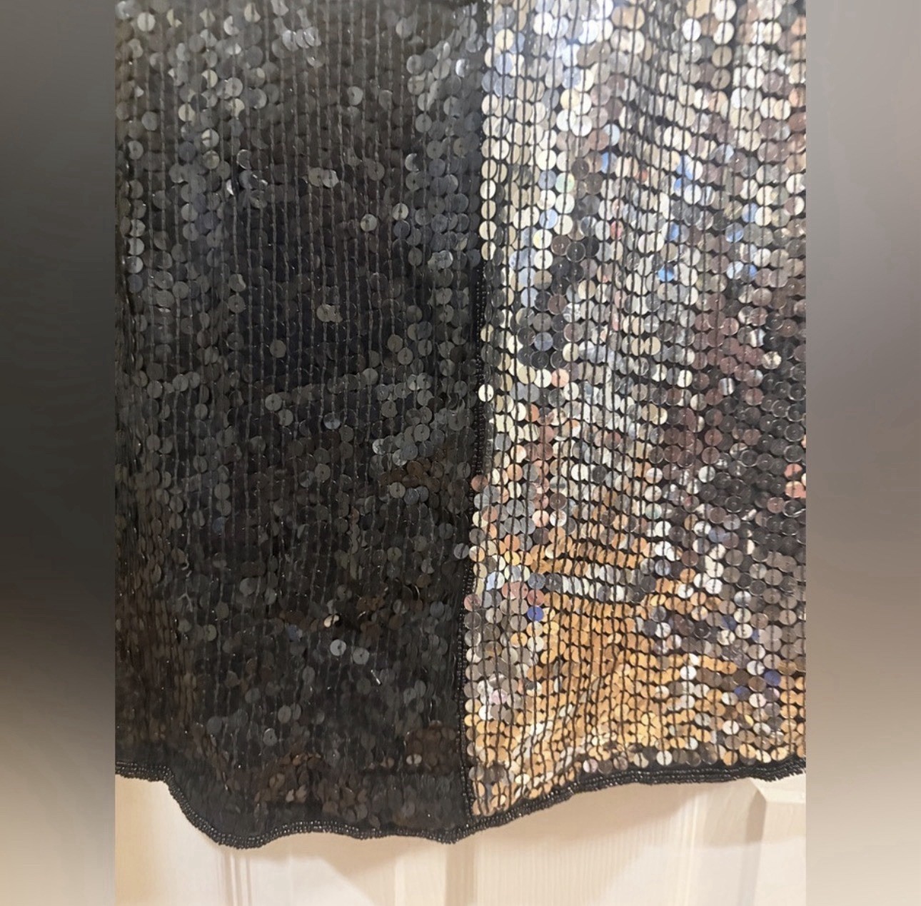 Vintage 100% Silk Sequin Patchwork Black Silver M… - image 2